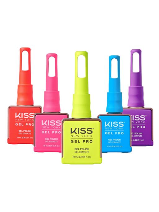 Set of six Kiss Gel Pro nail polish bottles in different colors on a white background