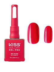 Red nail polish bottle with a matching nail color on a white background, featuring the KISS New York brand.