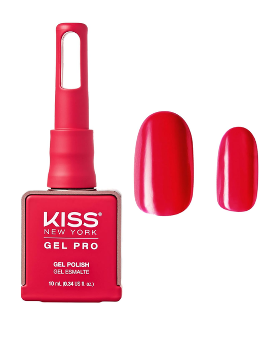 Red nail polish bottle with a matching nail color on a white background, featuring the KISS New York brand.
