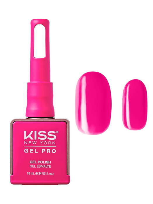 Kiss New York Gel Pro nail polish bottle with pink nail samples on a white background