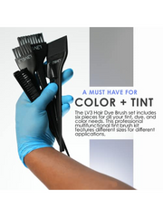 Hair dye brush set with blue gloves on a white background