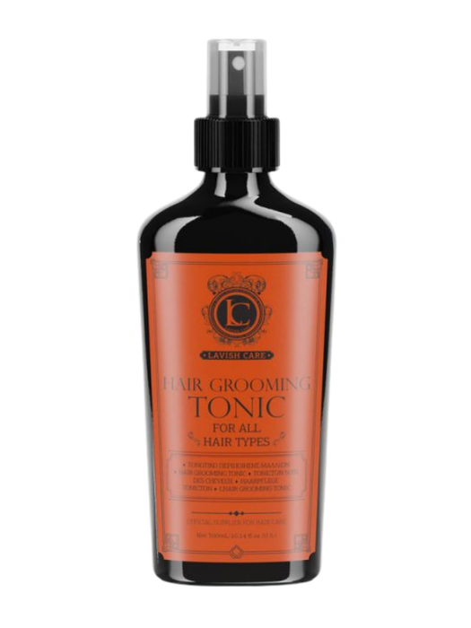 Hair grooming tonic bottle with orange label on a white background