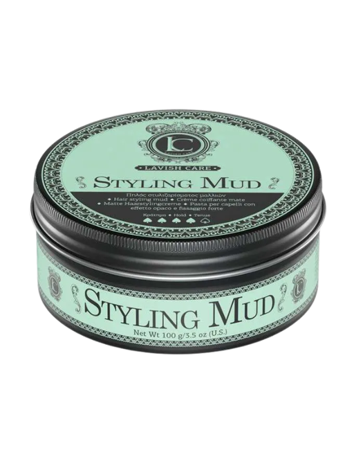Jar of styling mud with a green label on a white background