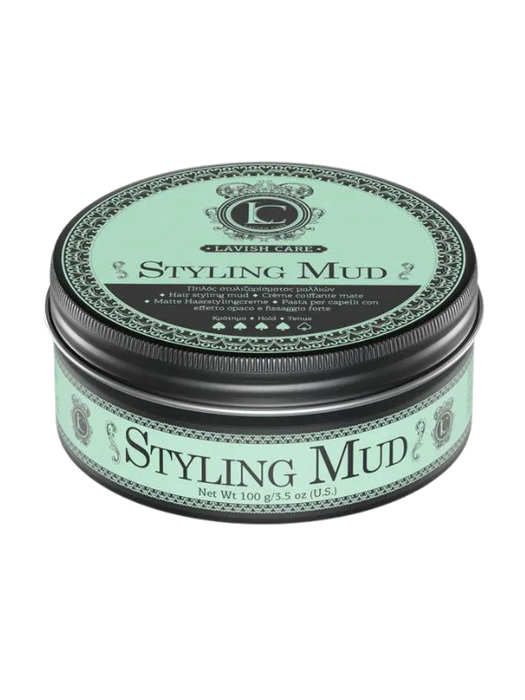 Jar of styling mud with a green label on a white background