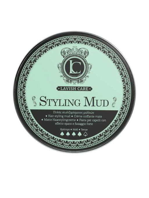 Lavish Care Styling Mud container with green label and black lid on a white background