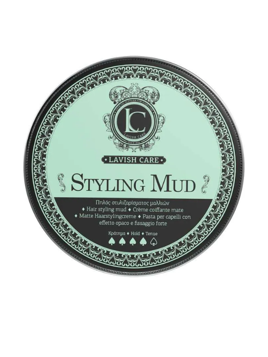 Lavish Care Styling Mud container with green label and black lid on a white background