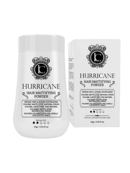 Hurricane hair mattifying powder packaging on a white background