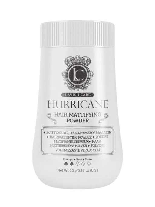 White container of Hurricane Hair Mattifying Powder with branding on a white background