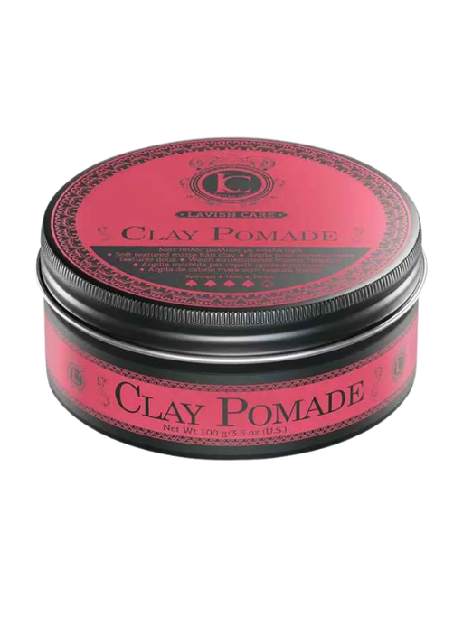 Jar of clay pomade with red label on a white background