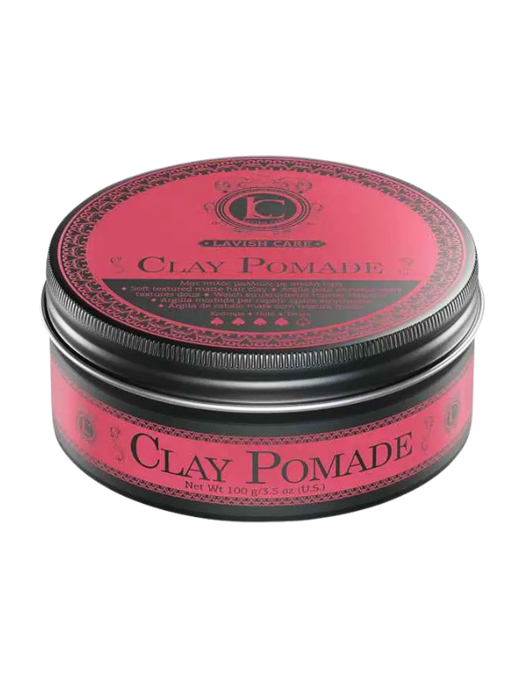 Jar of clay pomade with red label on a white background