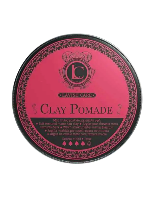 Lavish Care Clay Pomade container with pink lid and black base on a white background