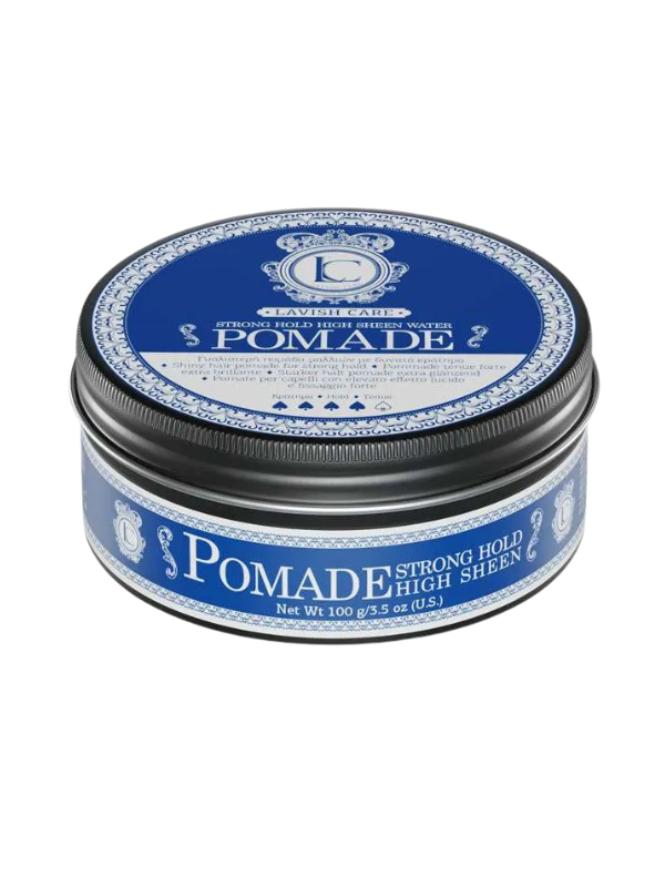 Blue and black container of pomade on a white background