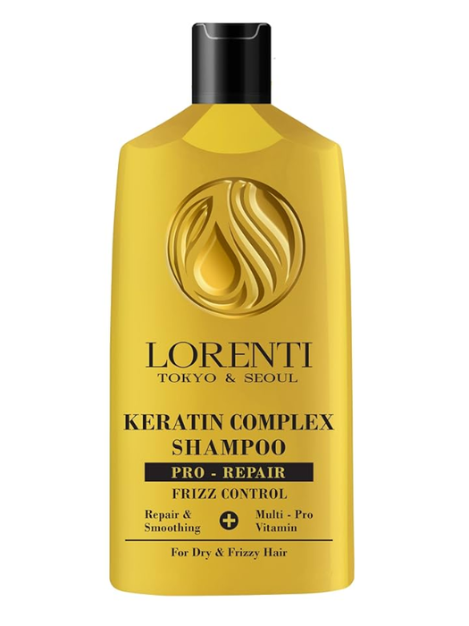 Yellow shampoo bottle with black cap labeled 'Lorenti' on a white background