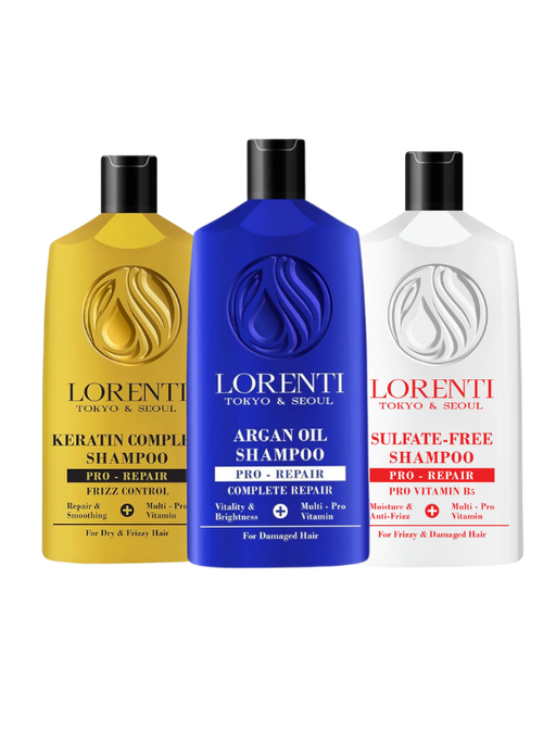 Three bottles of Lorenti shampoo in yellow, blue, and white on a white background