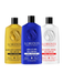 Three bottles of Lorenti shampoo in yellow, blue, and white on a white background