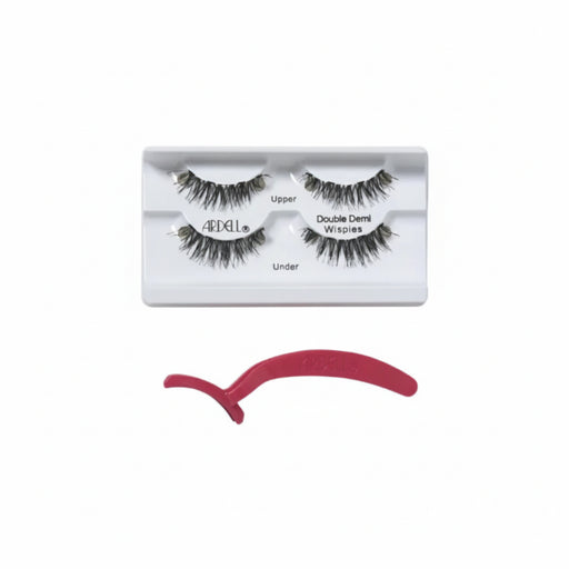 Pair of Ardell false eyelashes with a pink eyelash applicator on a white background