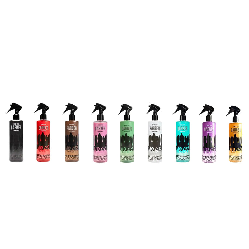 Row of Marmara Barber aftershave spray bottles on a white background
