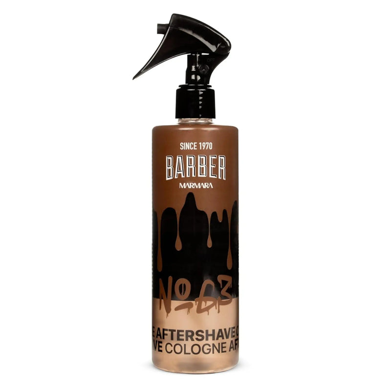 Brown bottle of Marmara Barber aftershave cologne number 63 on a white background