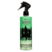 Green bottle of Marmara Barber aftershave cologne number 65 on a white background