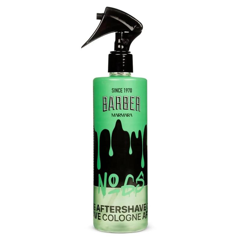 Green bottle of Marmara Barber aftershave cologne number 65 on a white background