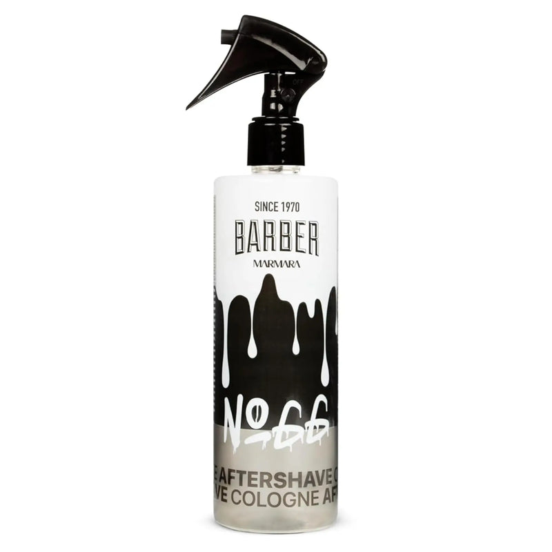 White and black bottle of Marmara Barber aftershave cologne number 66 on a white background