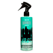 Teal bottle of Marmara Barber aftershave cologne number 67 on a white background