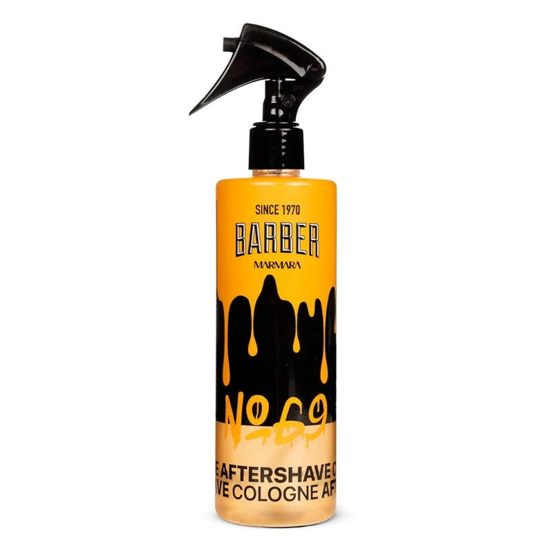 Yellow bottle of Marmara Barber aftershave cologne number 69 on a white background