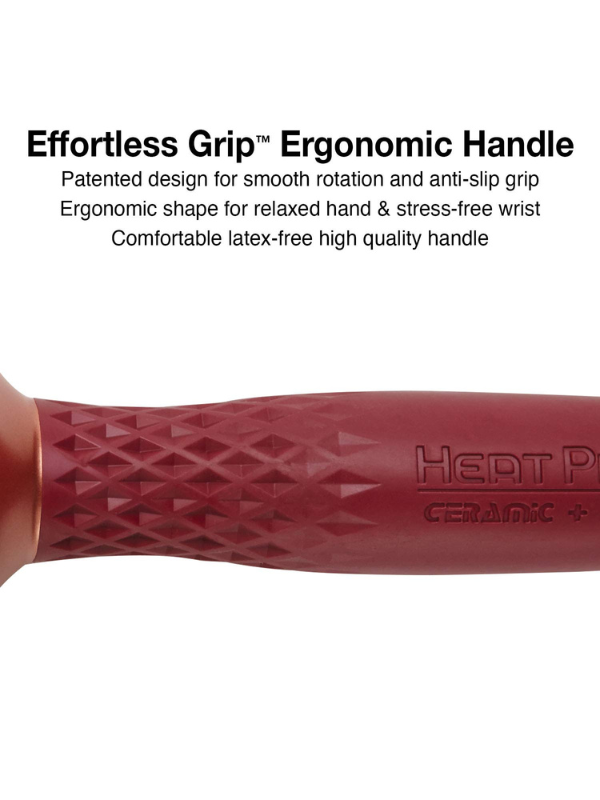 Ergonomic handle with text describing its features on a white background