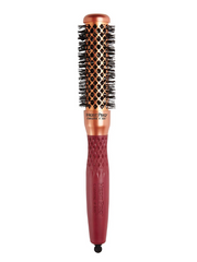 Hairbrush with copper bristle head and red handle on a white background