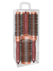Set of three hairbrushes in packaging with 'Ovalisaden' branding on a white background