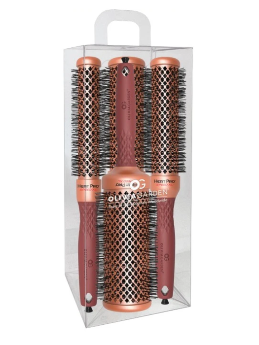 Set of three hairbrushes in packaging with 'Ovalisaden' branding on a white background