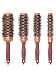 Set of four round hairbrushes with brown handles and metal bristle heads on a white background.