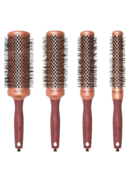 Set of four round hairbrushes with brown handles and metal bristle heads on a white background.