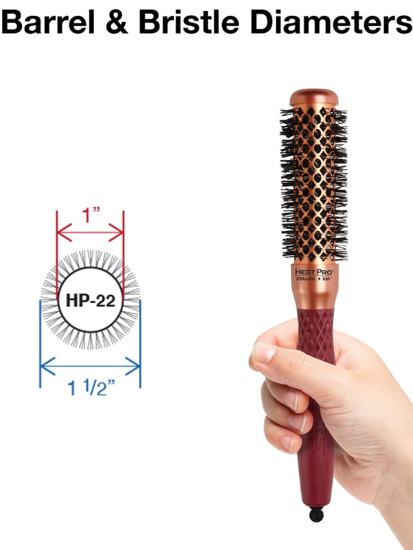 Hairbrush with measurements and a hand holding it, on a white background