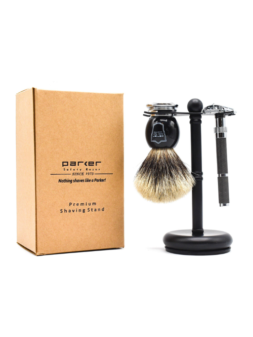 Parker shaving brush and stand with packaging on a white background