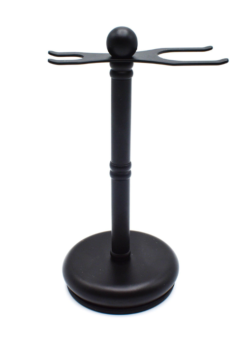 Black metal stand with multiple arms on a white background
