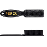A black grooming brush shown from two angles: one with the textured bristle head facing up and the word PERCU in gold on the handle, and one showing the brush from the side with black bristles.