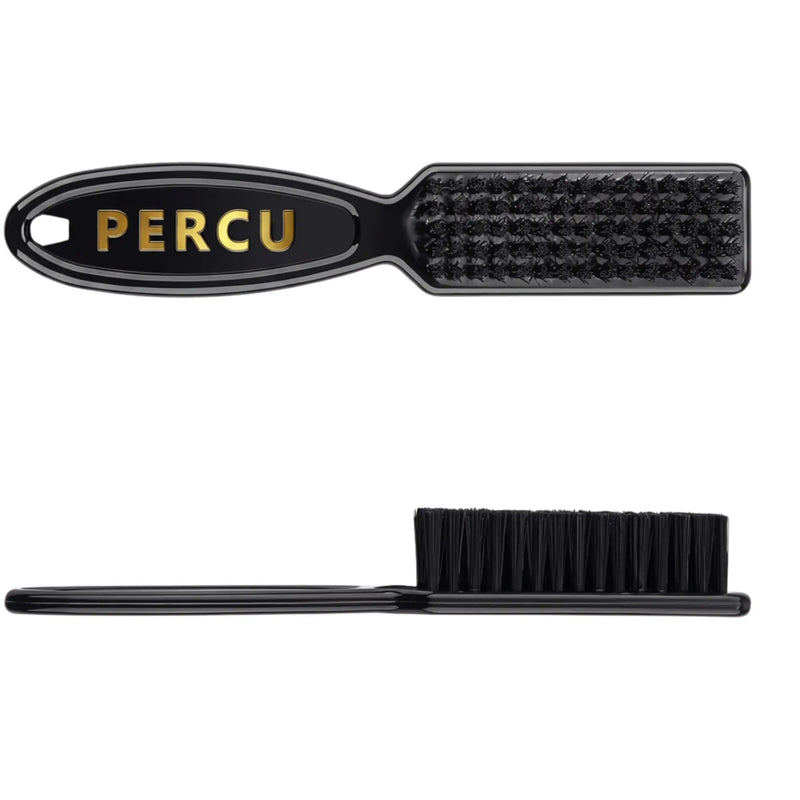 A black grooming brush shown from two angles: one with the textured bristle head facing up and the word PERCU in gold on the handle, and one showing the brush from the side with black bristles.