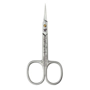 Pair of silver embroidery scissors on a white background
