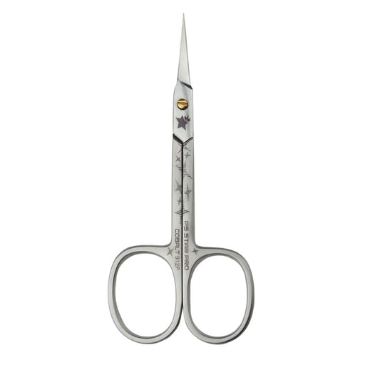 Pair of silver embroidery scissors on a white background