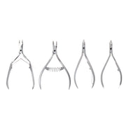 Set of four pairs of silver cuticle nippers on a white background