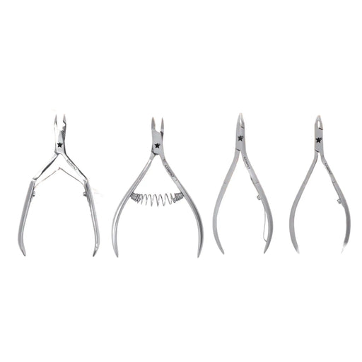 Set of four pairs of silver cuticle nippers on a white background