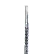 Metallic cuticle tool with a textured handle on a white background