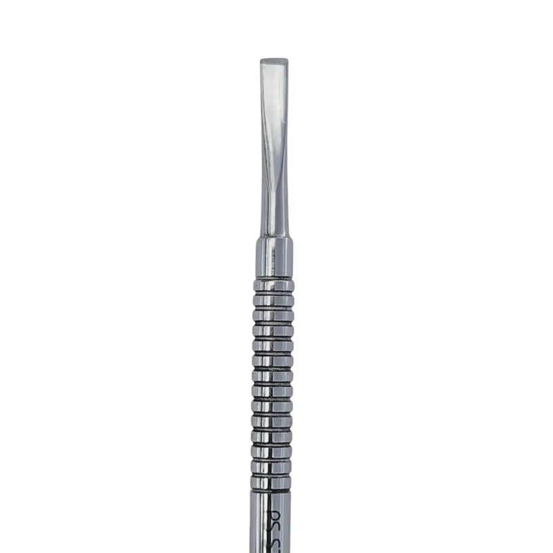 Metallic cuticle tool with a textured handle on a white background