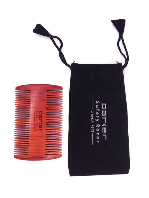 Red comb and black pouch with 'Parker' branding on a white background
