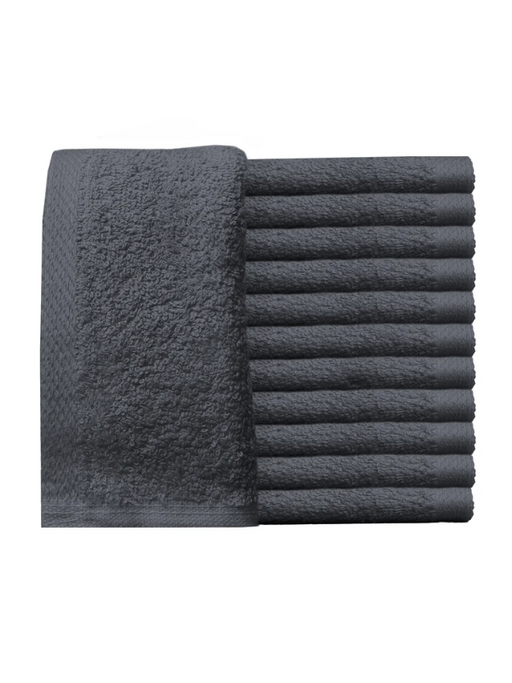 Set of dark gray towels, including a folded towel and a stack of rolled towels, on a white background.