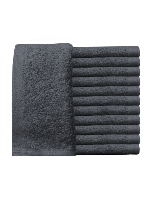 Set of dark gray towels, including a folded towel and a stack of rolled towels, on a white background.