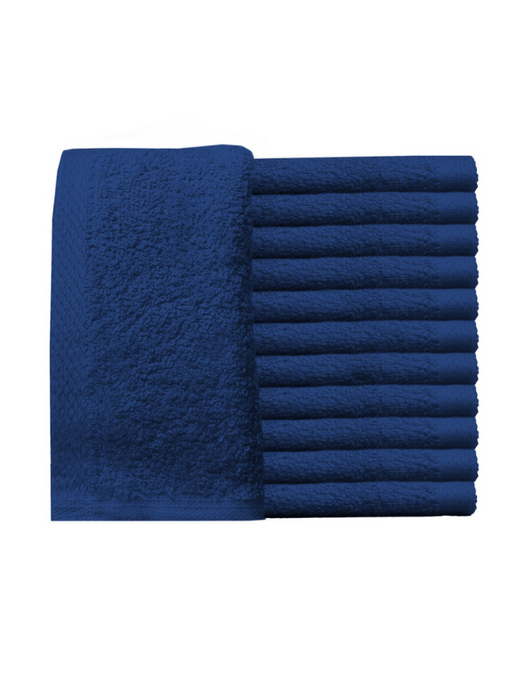 Set of blue towels, including a folded towel and a stack of rolled-up towels, on a white background.