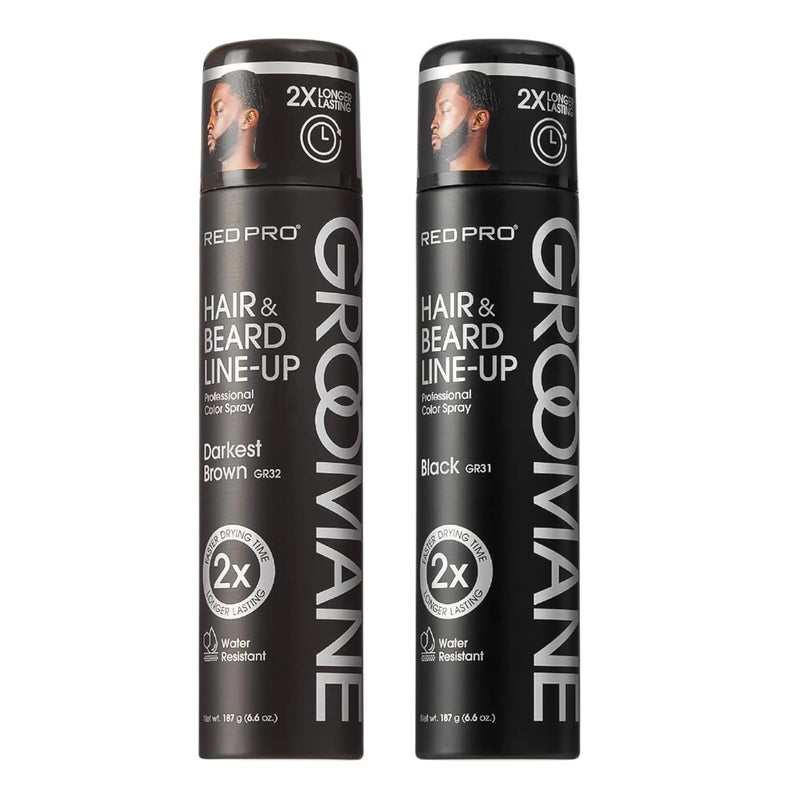 Two bottles of Groovane Hair and Beard Line-Up spray on a white background