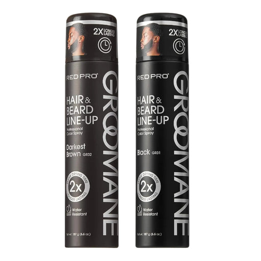 Two bottles of Groovane Hair and Beard Line-Up spray on a white background